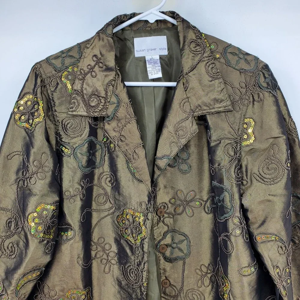 Susan Graver Style Green Floral Print Sequin Blazer Light Suit‎ Coat Large